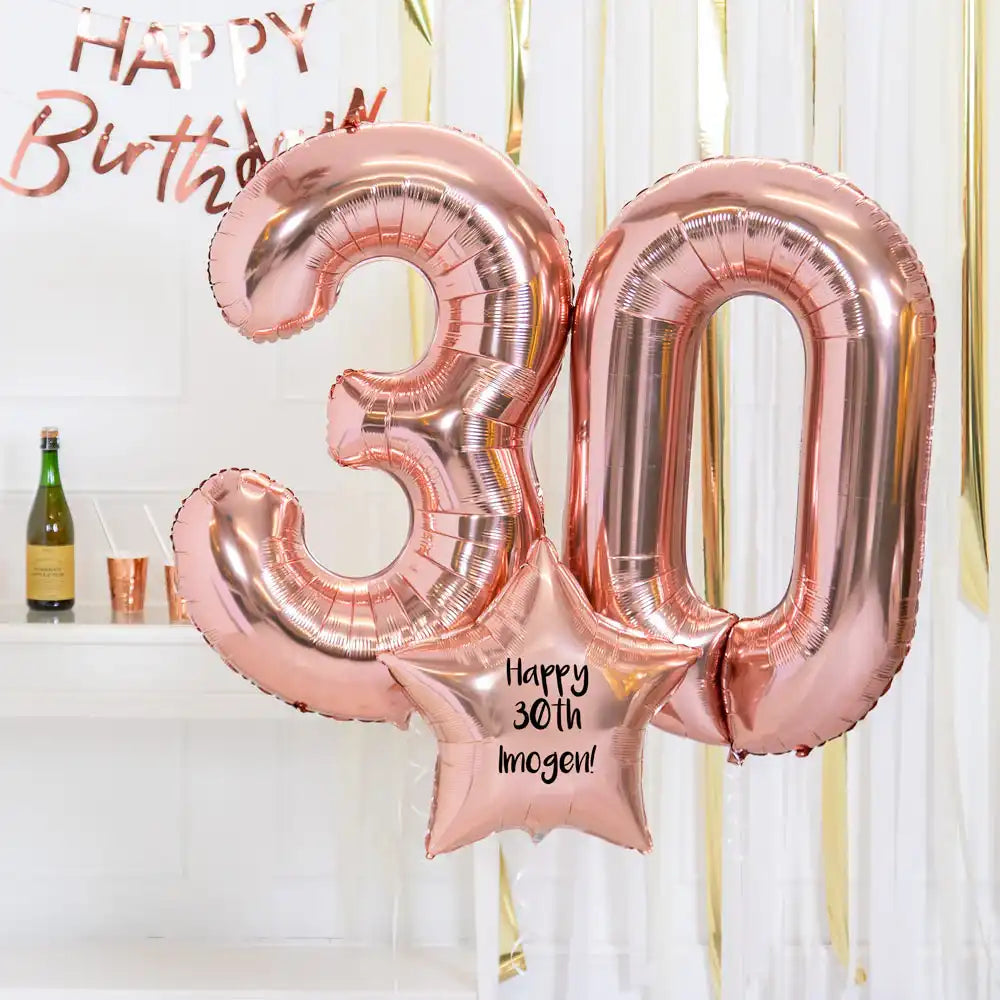 30th Birthday Balloons - Personalised Inflated Balloon Bouquet Rose Gold Personalised Balloons