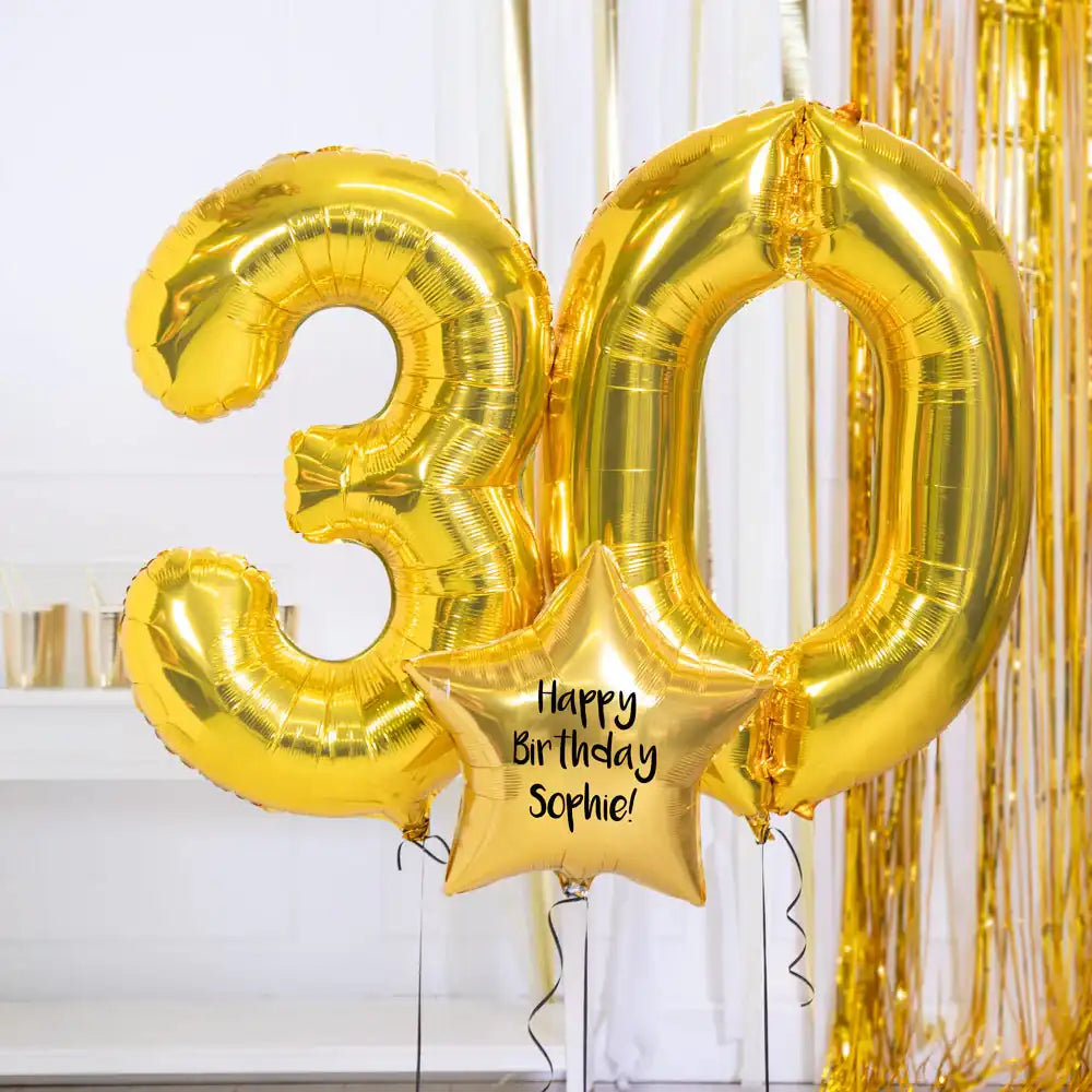 30th Birthday Balloons - Personalised Inflated Balloon Bouquet Gold Personalised Balloons