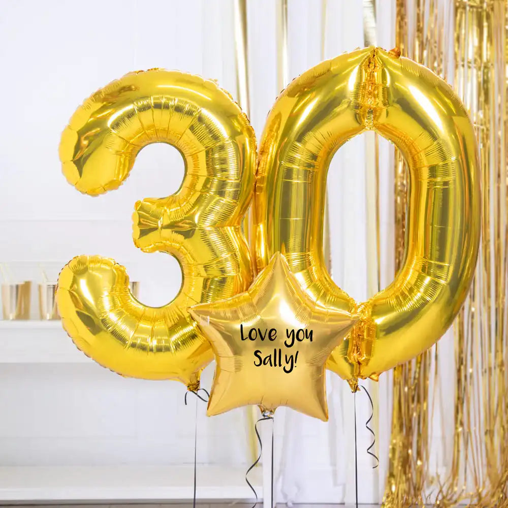 30th Birthday Balloons - Personalised Inflated Balloon Bouquet Gold Personalised Balloons