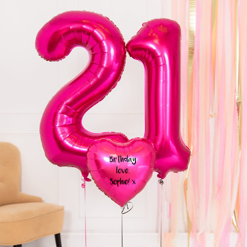 21st Birthday Balloons - Personalised Inflated Balloon Bouquet Pink