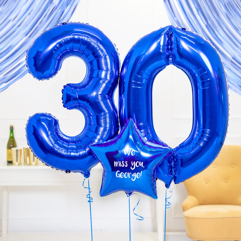 30th Birthday Balloons - Personalised Inflated Balloon Bouquet Blue