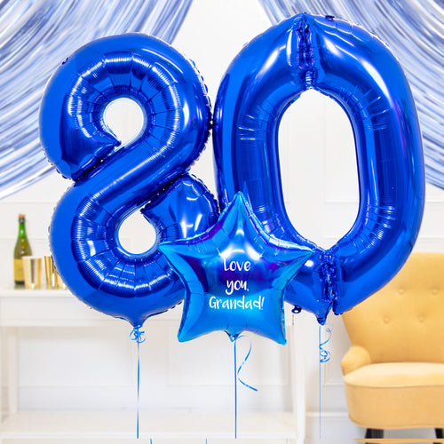 80th Birthday Balloons - Personalised Inflated Balloon Bouquet Blue