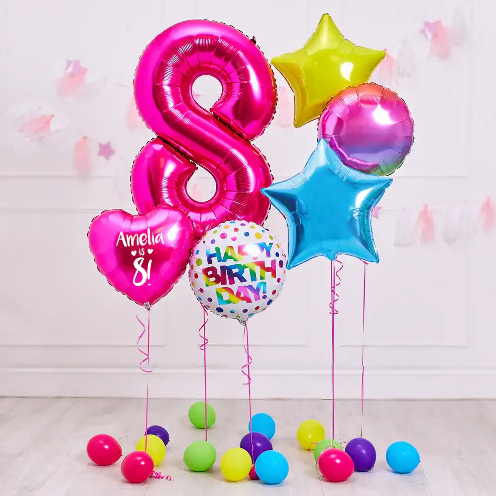 Deluxe Personalised Balloon Bunch - 8th Birthday Pink Personalised Balloons