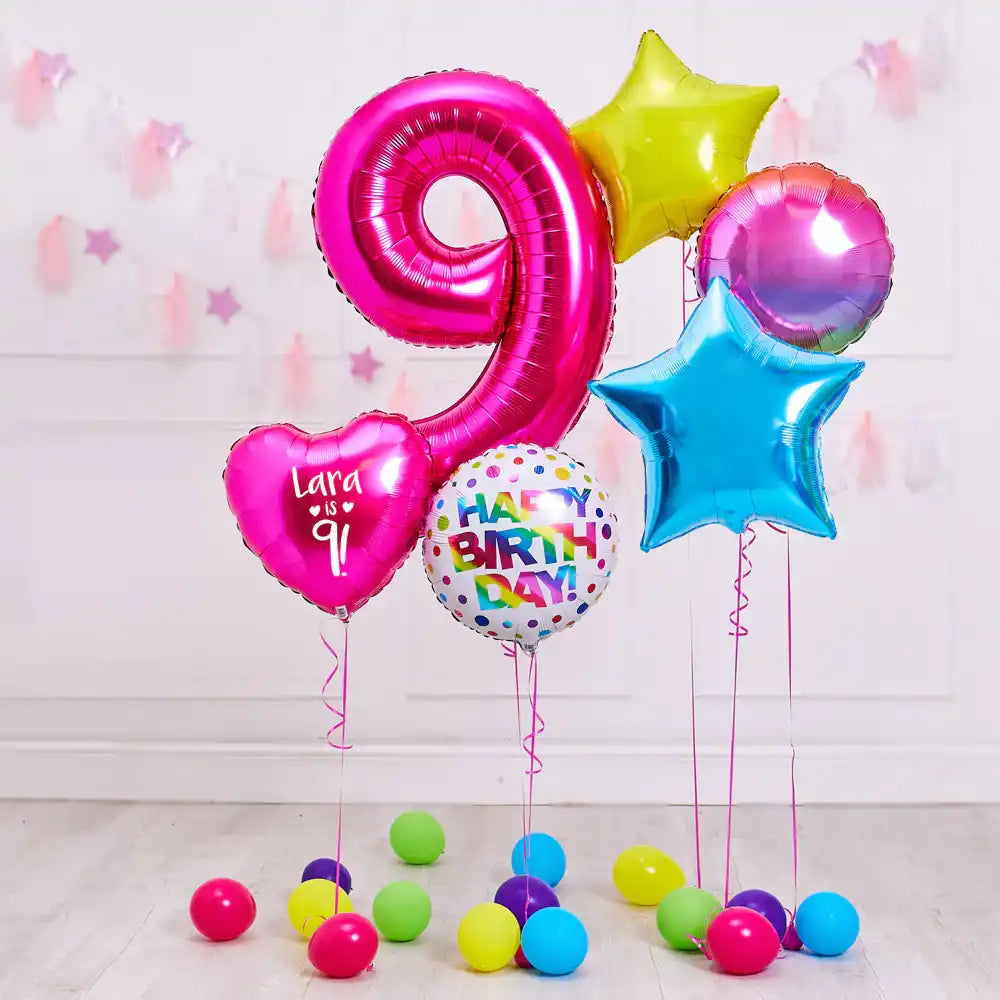 Deluxe Personalised Balloon Bunch - 9th Birthday Pink Personalised Balloons