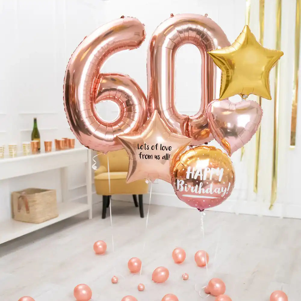 Deluxe Personalised Balloon Bunch - 60th Birthday Rose Gold Personalised Balloons