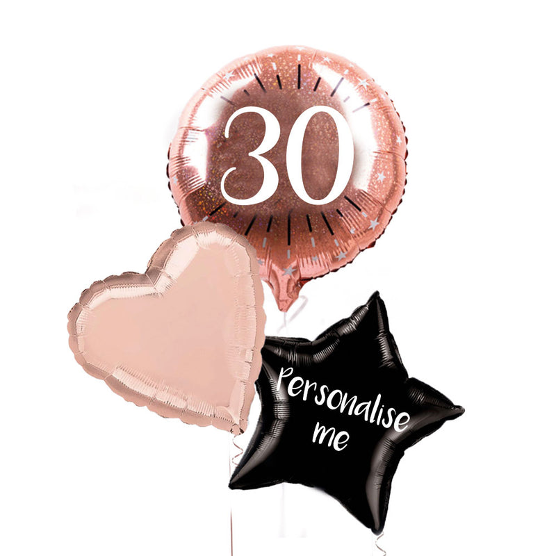 Personalised Inflated Balloon Bunch - Rose Gold 30th Birthday
