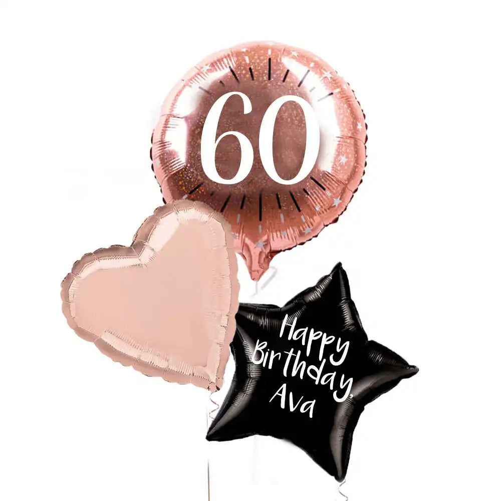 Personalised Inflated Balloon Bunch - Rose Gold 60th Birthday Personalised Balloons