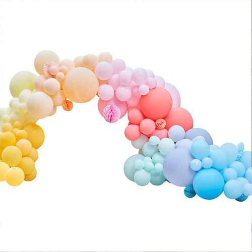 Bright Balloon Arch with Paper Honeycombs