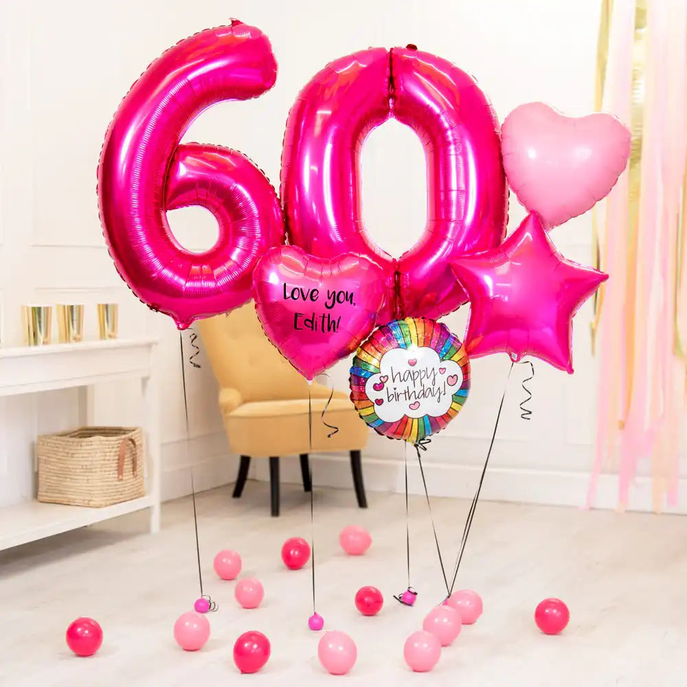 COPY EXAMPLEof Personalised Inflated Balloon Bouquet - 60th Birthday Pink Personalised Balloons