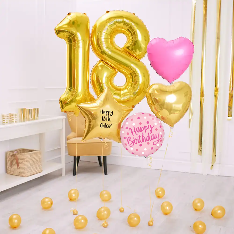 Deluxe Personalised Balloon Bunch - 18th Birthday Gold & Pink Personalised Balloons