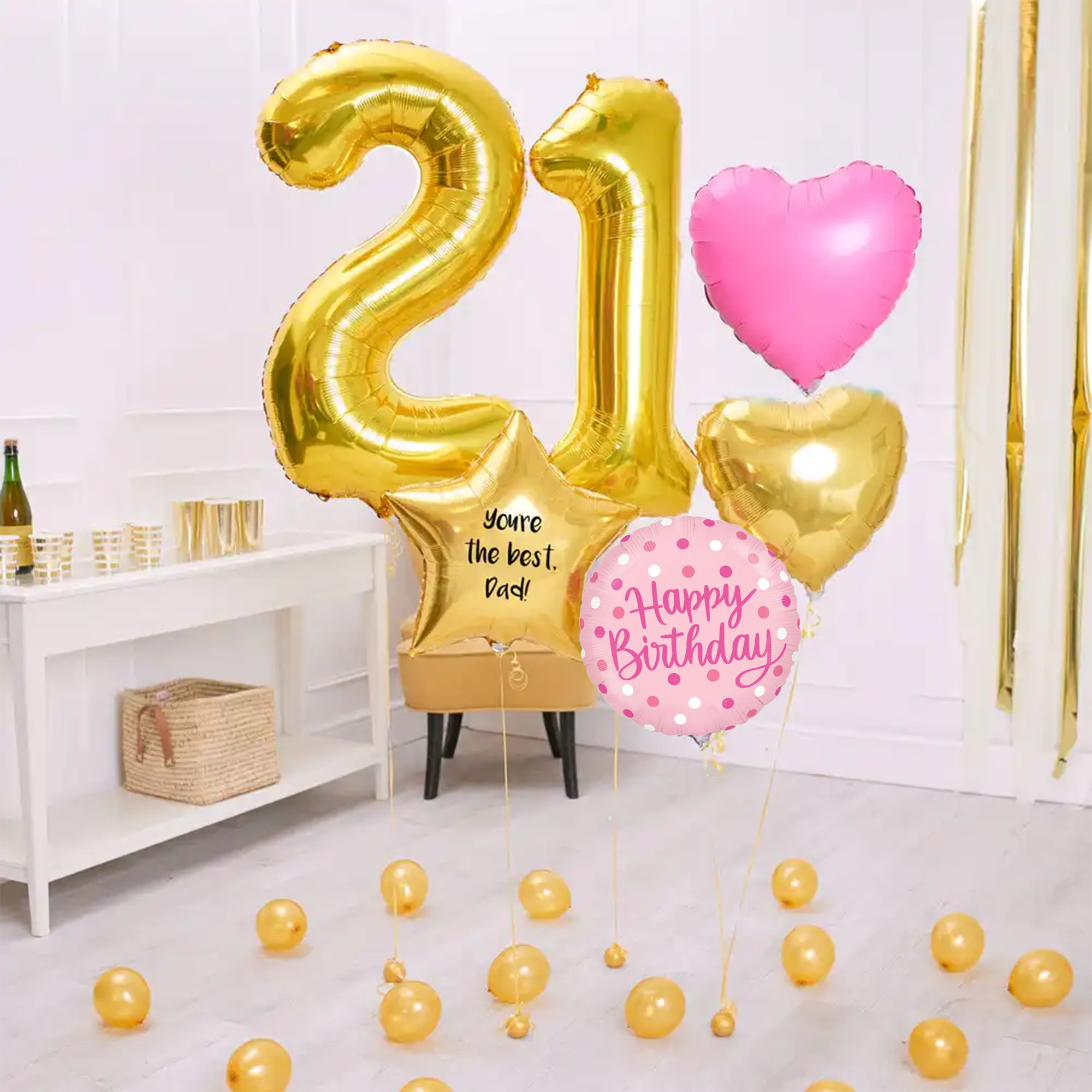Deluxe Personalised Balloon Bunch - 21st Birthday Gold & Pink Personalised Balloons