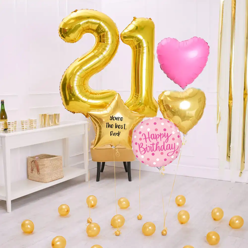 Deluxe Personalised Balloon Bunch - 21st Birthday Gold & Pink Personalised Balloons