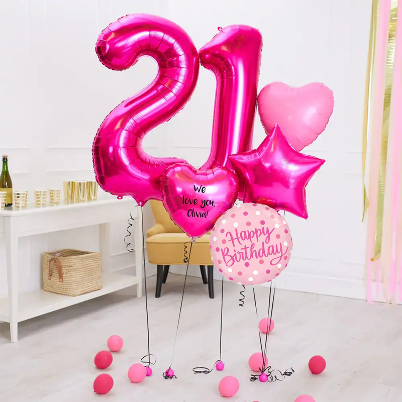 Deluxe Personalised Balloon Bunch - 21st Birthday Pink Personalised Balloons