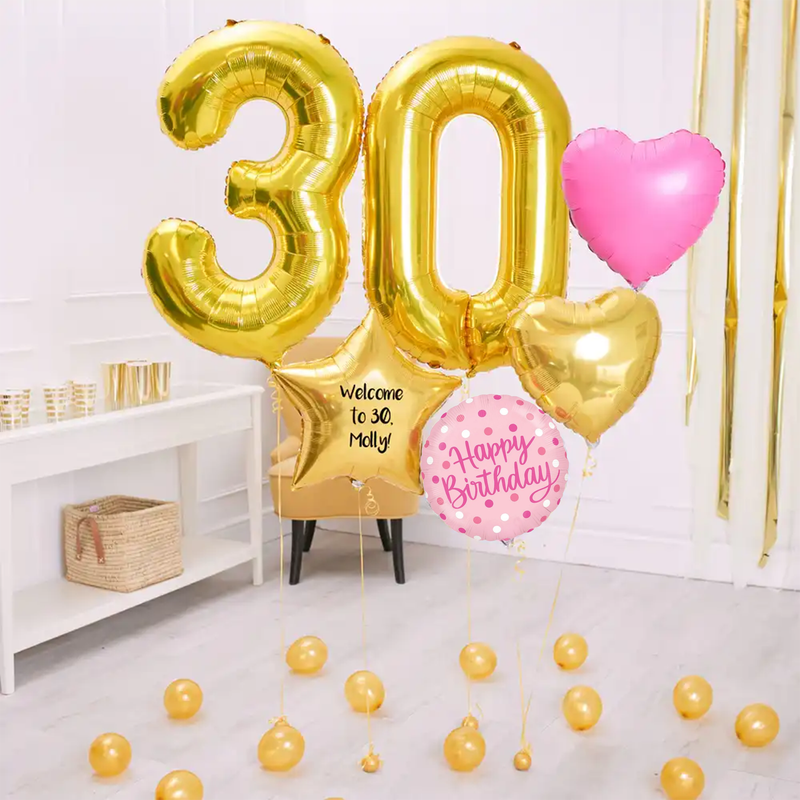 Deluxe Personalised Balloon Bunch - 30th Birthday Gold & Pink Personalised Balloons
