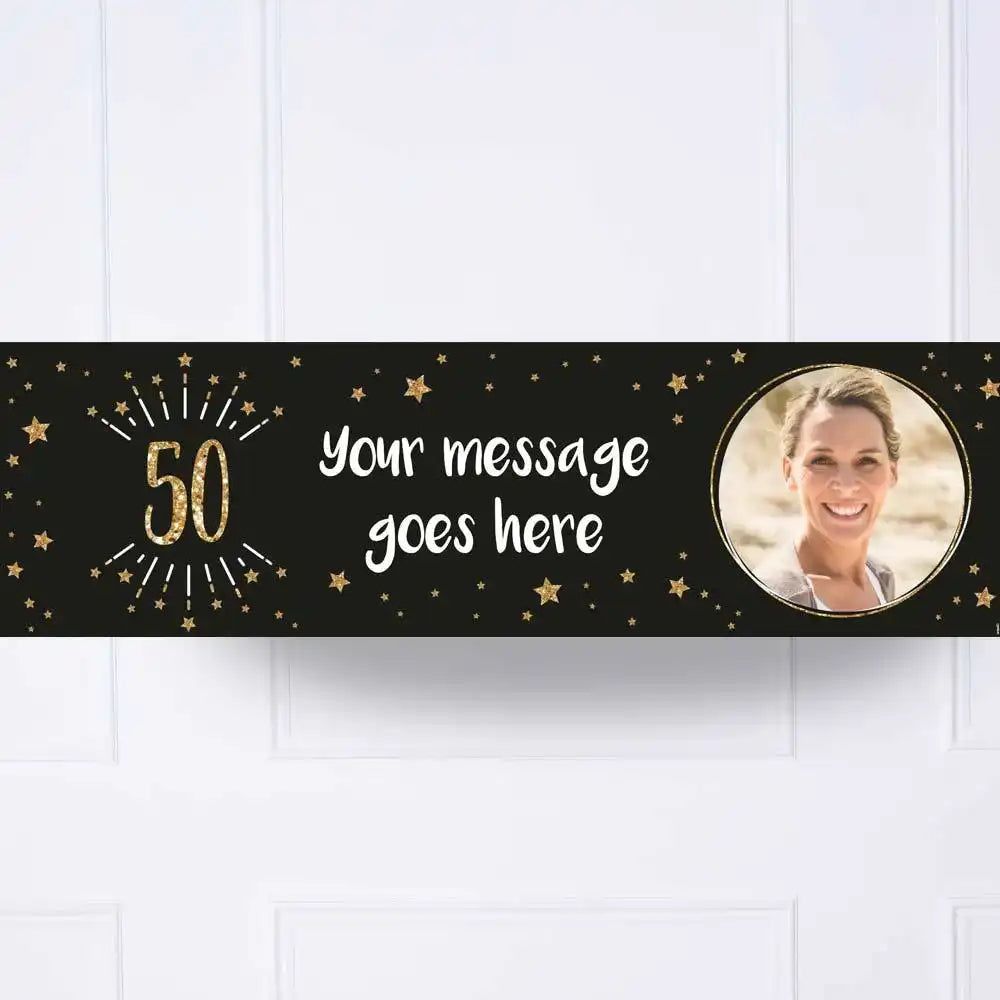 Black & Gold 50th Birthday Personalised Party Banner Yes Personalised Banner