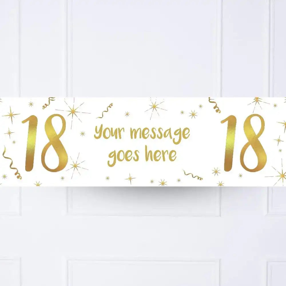 White & Gold Any Age Personalised Party Banner No 18th Personalised Banner