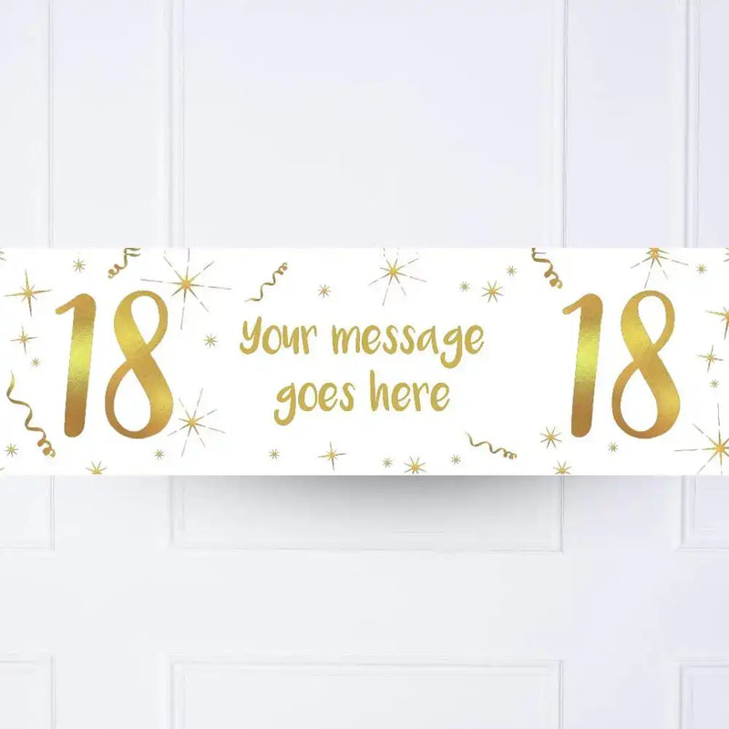 White & Gold Any Age Personalised Party Banner No 18th Personalised Banner