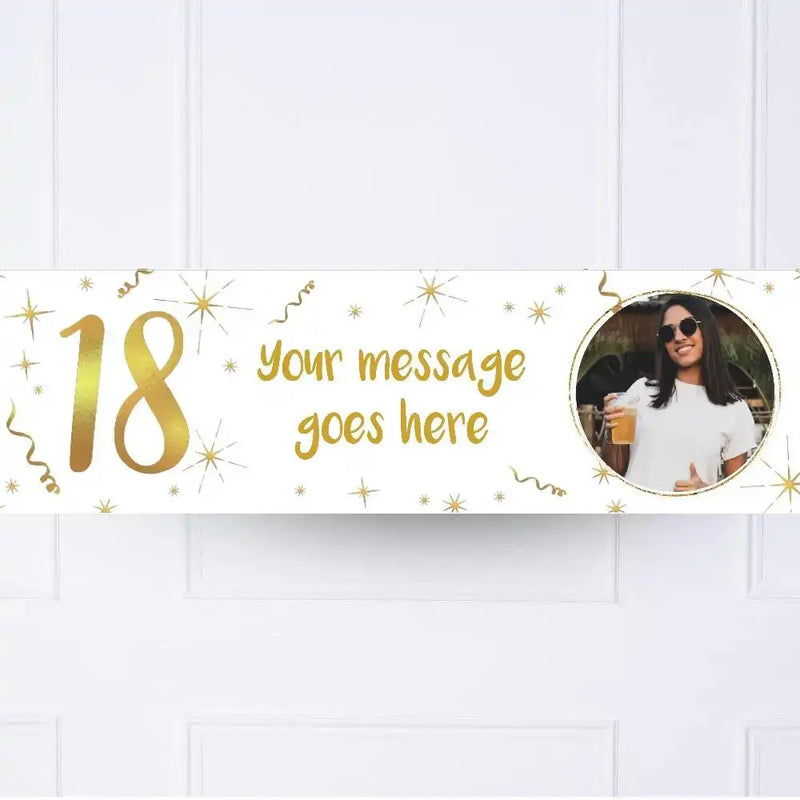 White & Gold Any Age Personalised Party Banner Yes 18th Personalised Banner