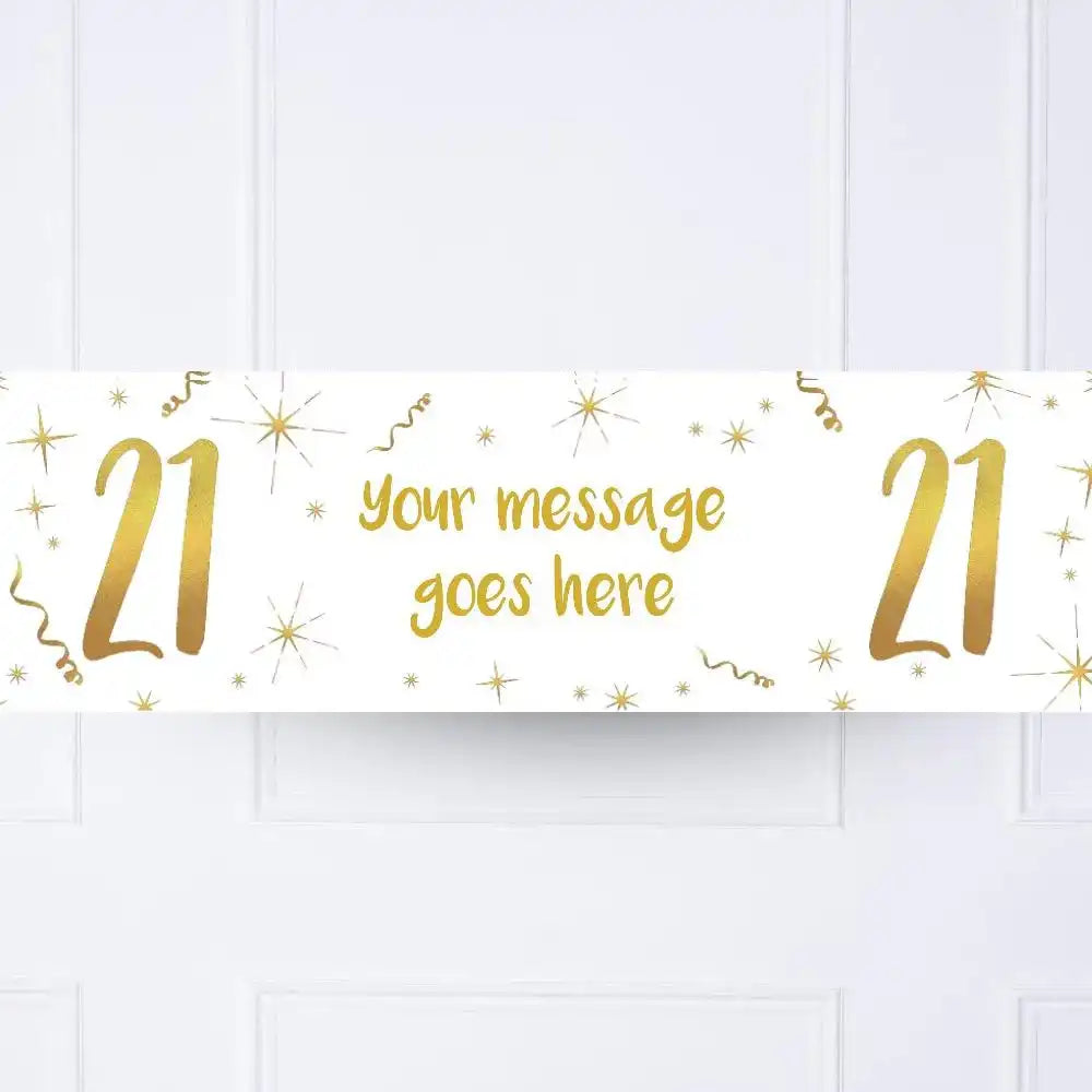 White & Gold Any Age Personalised Party Banner No 21st Personalised Banner