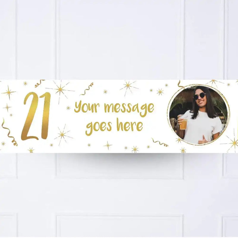 White & Gold Any Age Personalised Party Banner Yes 21st Personalised Banner