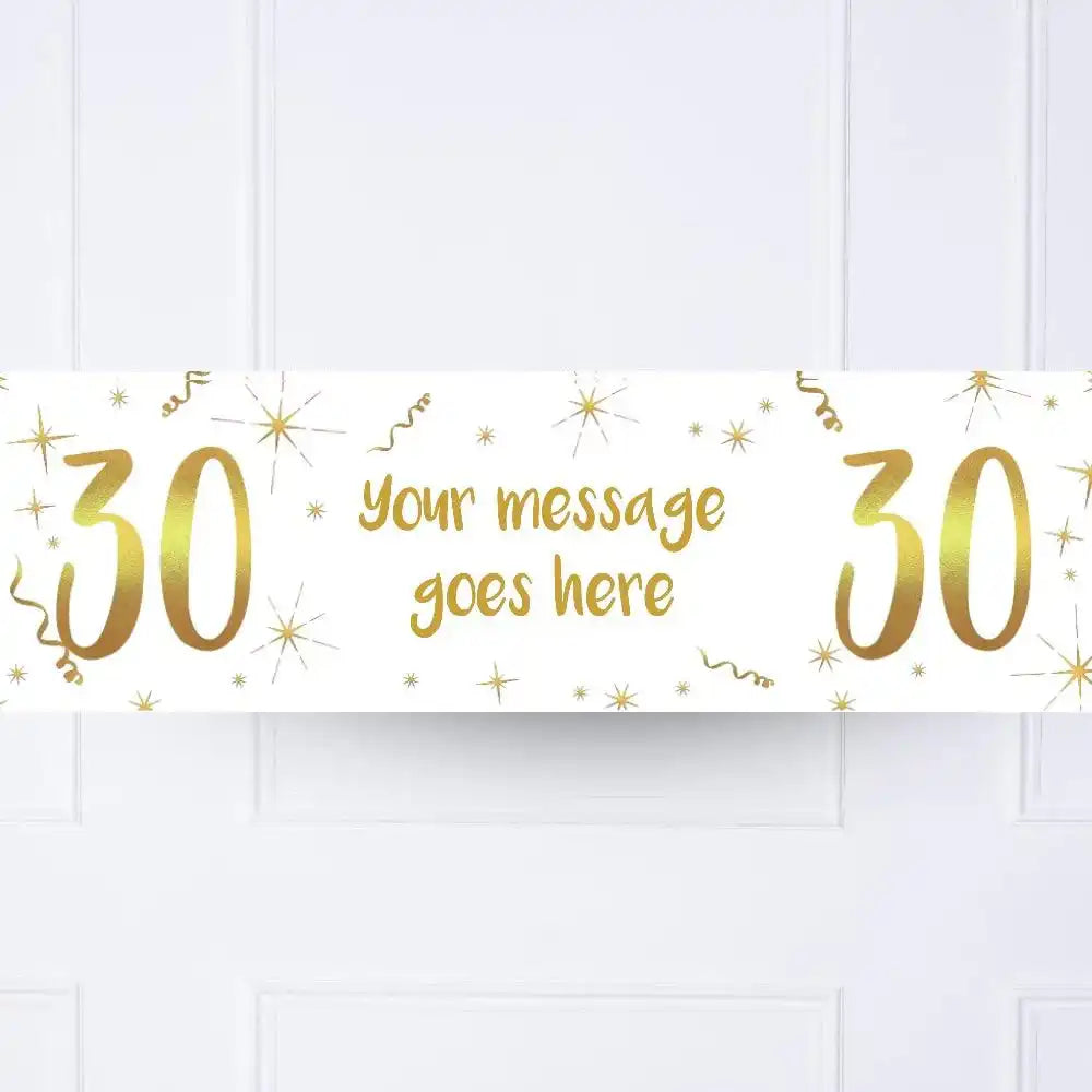 White & Gold Any Age Personalised Party Banner No 30th Personalised Banner