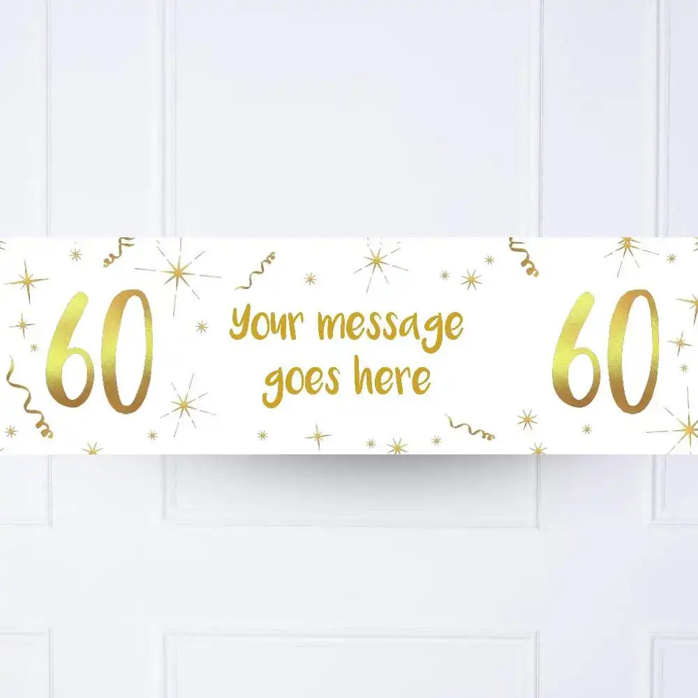 White & Gold Any Age Personalised Party Banner No 60th Personalised Banner