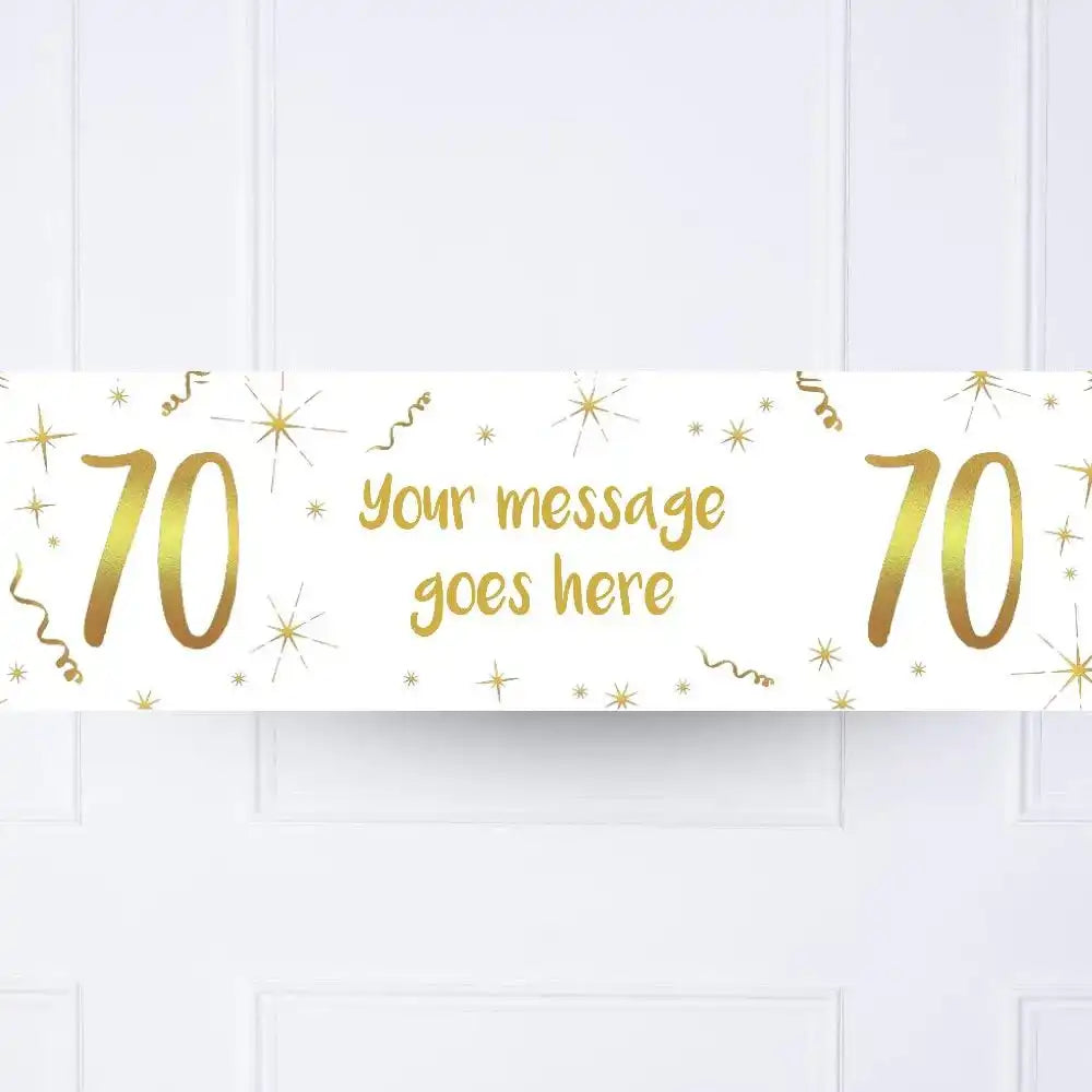 White & Gold Any Age Personalised Party Banner No 70th Personalised Banner