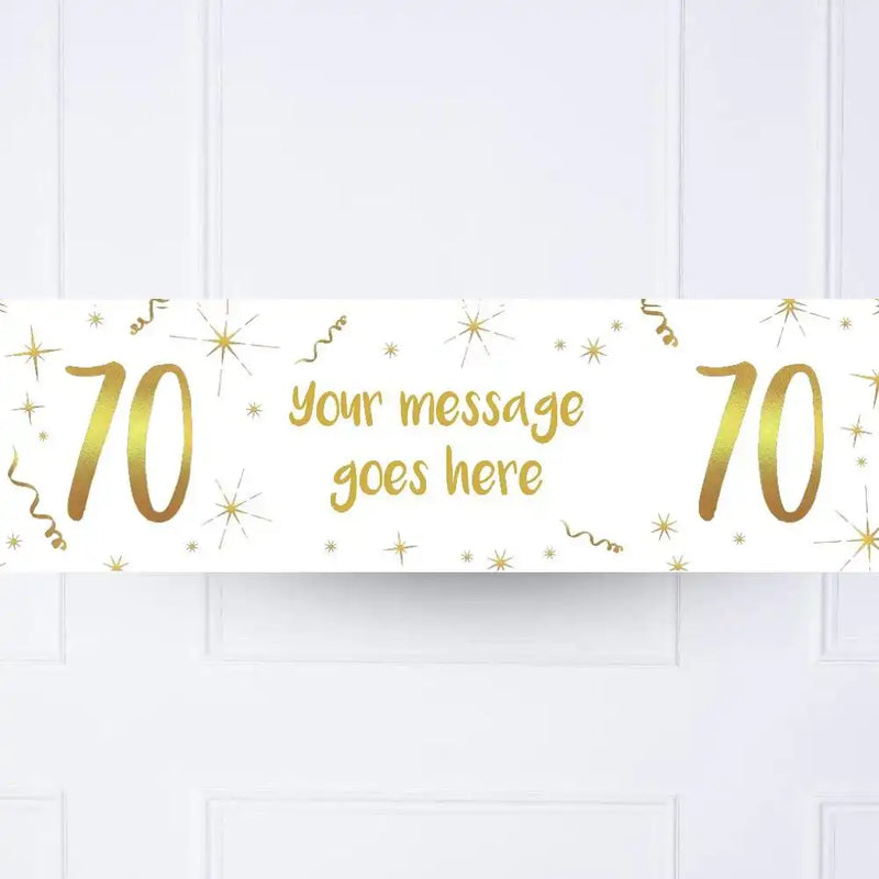 White & Gold Any Age Personalised Party Banner No 70th Personalised Banner