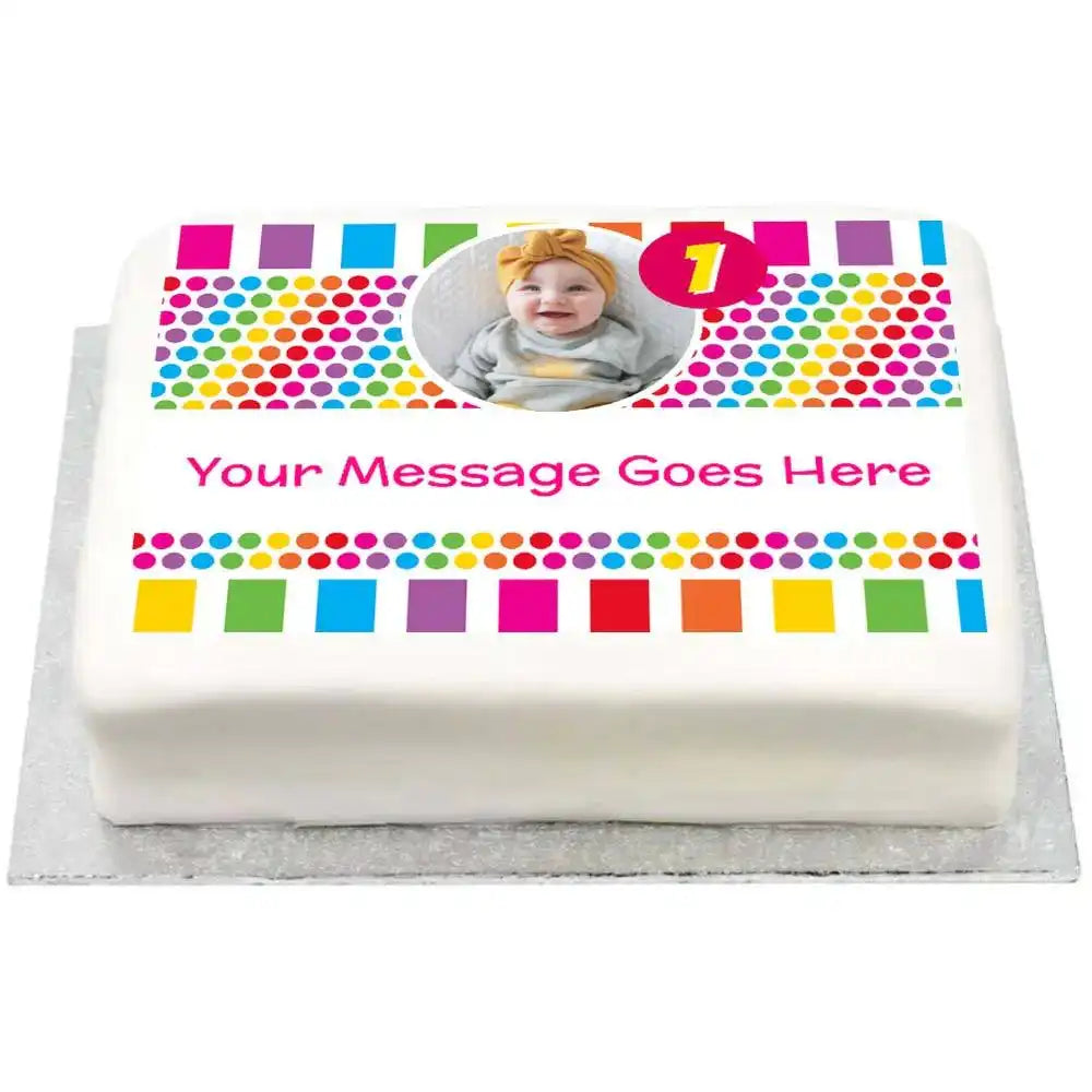 Personalised Photo Cake - Rainbow Stripe Dots Personalised Cake
