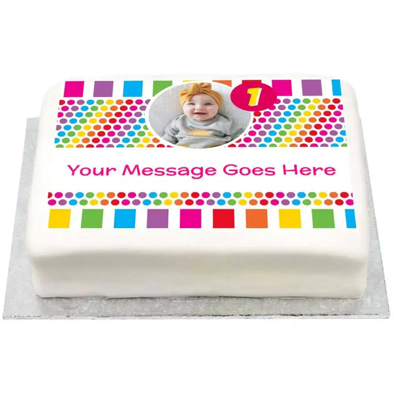 Personalised Photo Cake - Rainbow Stripe Dots Personalised Cake