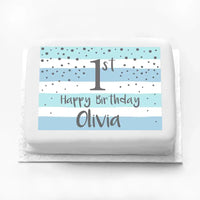 Personalised Photo Cake - Silver & Blue 1st Birthday Celebration Message Only Personalised Cake