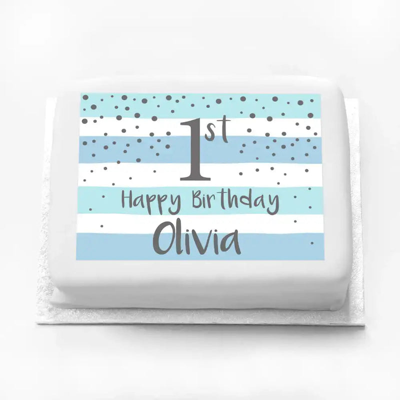 Personalised Photo Cake - Silver & Blue 1st Birthday Celebration Message Only Personalised Cake