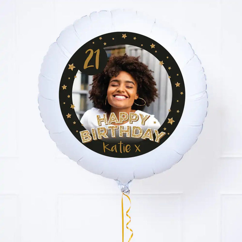 Personalised Photo Balloon - Any Age Birthday: Black & Gold Stars Single Photo None Personalised Balloons