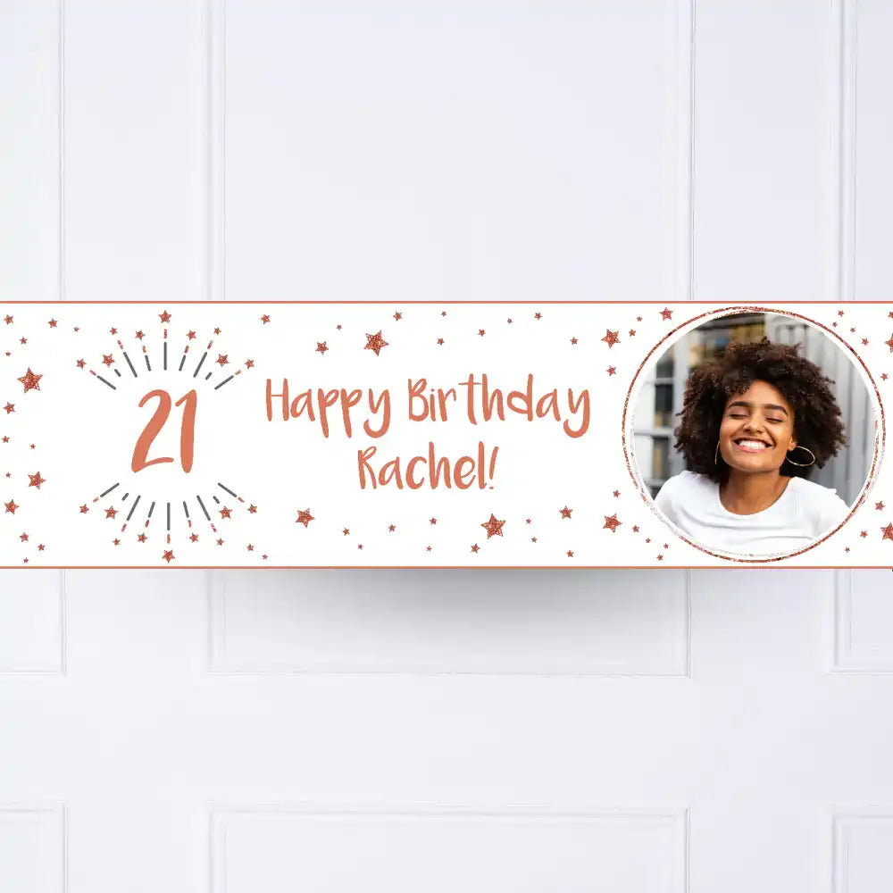 White & Rose Gold Any Age Personalised Party Banner Yes None Personalised Banner