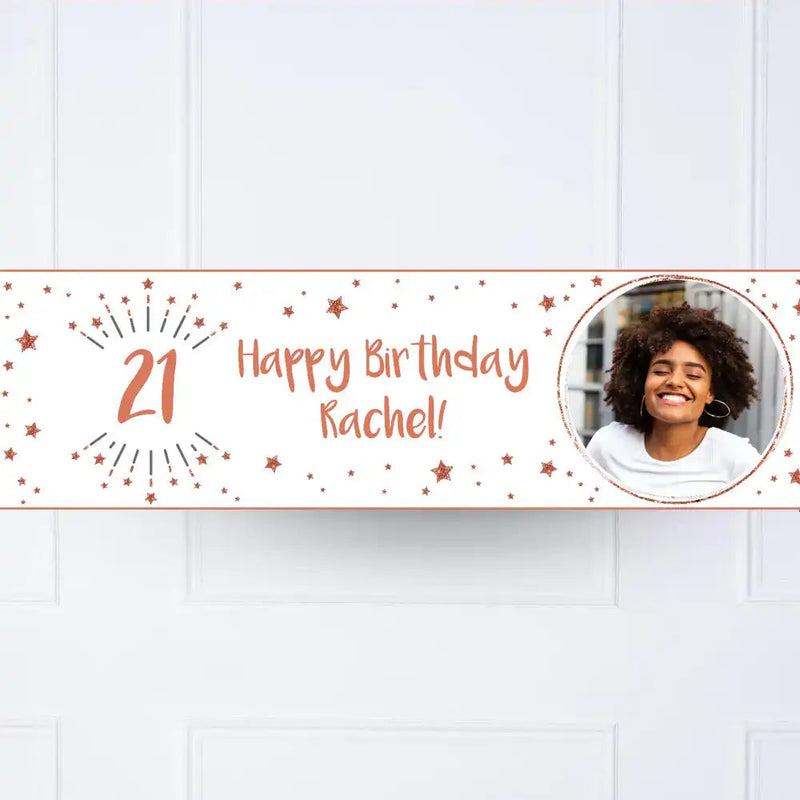 White & Rose Gold Any Age Personalised Party Banner Yes None Personalised Banner