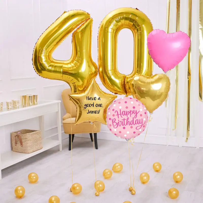 Deluxe Personalised Balloon Bunch - 40th Birthday Gold & Pink Personalised Balloons