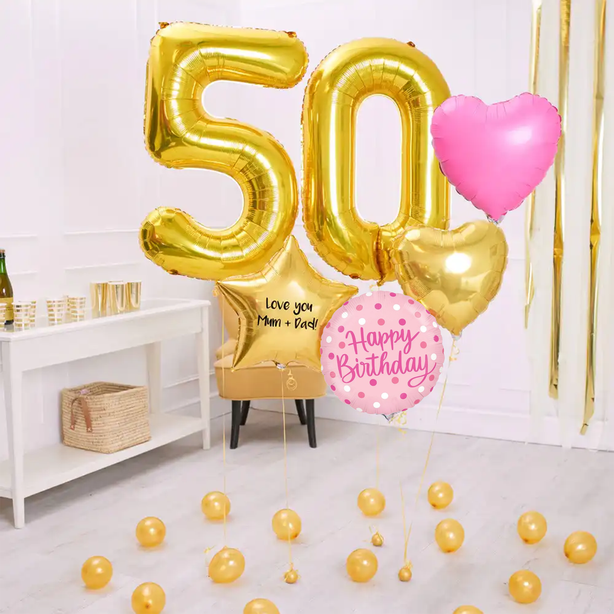 Deluxe Personalised Balloon Bunch - 50th Birthday Gold & Pink Personalised Balloons