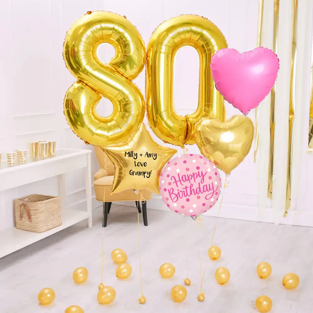 80th Birthday Gold & Pink Balloons | Deluxe Personalised Balloon Bunch ...