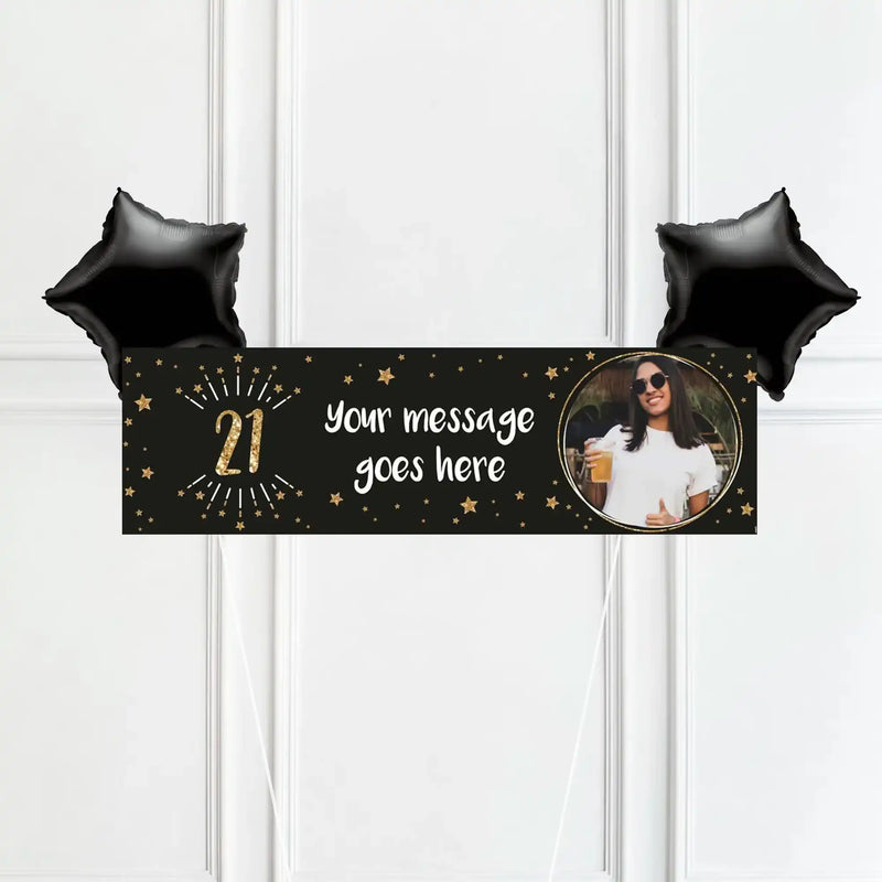 Black & Gold 21st Birthday Personalised Party Banner Yes 2 Balloons Personalised Banner