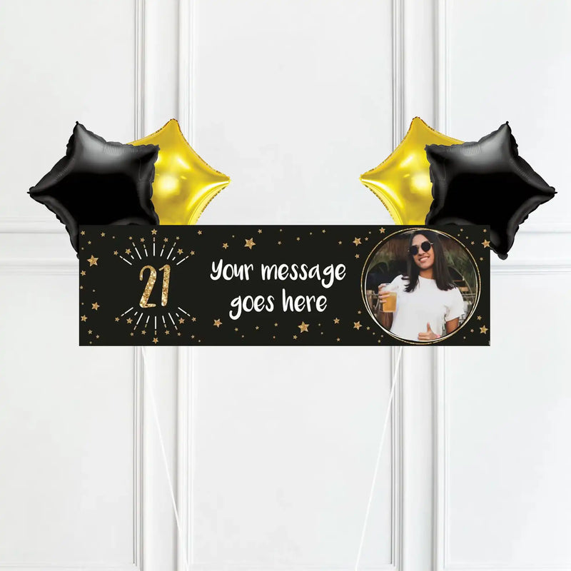 Black & Gold 21st Birthday Personalised Party Banner Yes 4 Balloons Personalised Banner