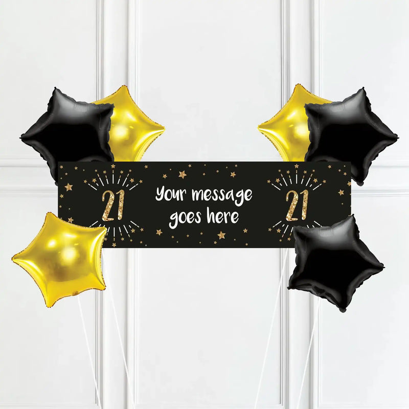 Black & Gold 21st Birthday Personalised Party Banner No 6 Balloons Personalised Banner