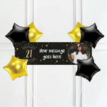 Black & Gold 21st Birthday Personalised Party Banner Yes 6 Balloons Personalised Banner