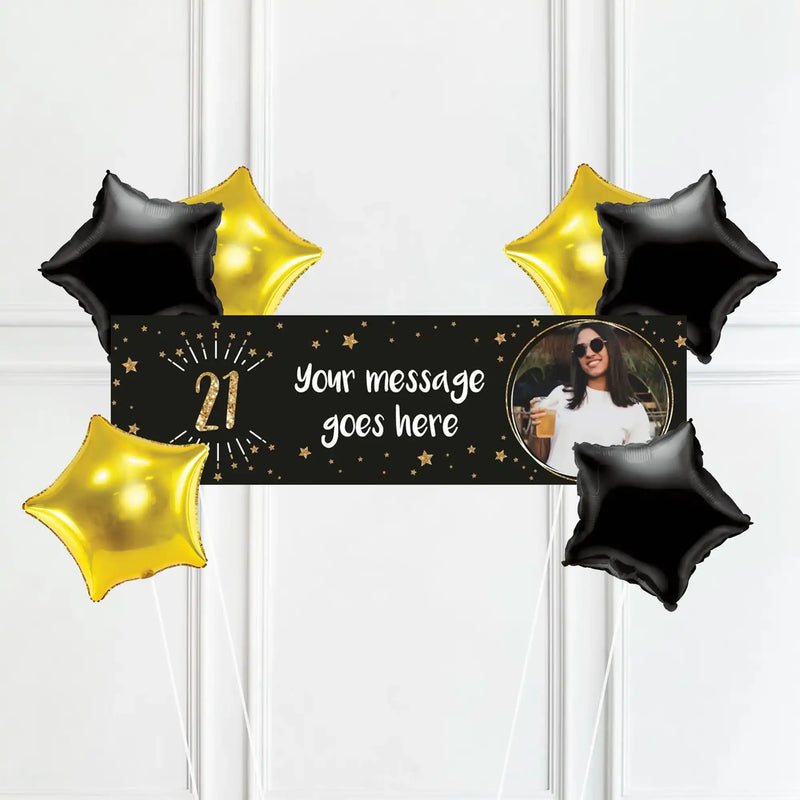 Black & Gold 21st Birthday Personalised Party Banner Yes 6 Balloons Personalised Banner