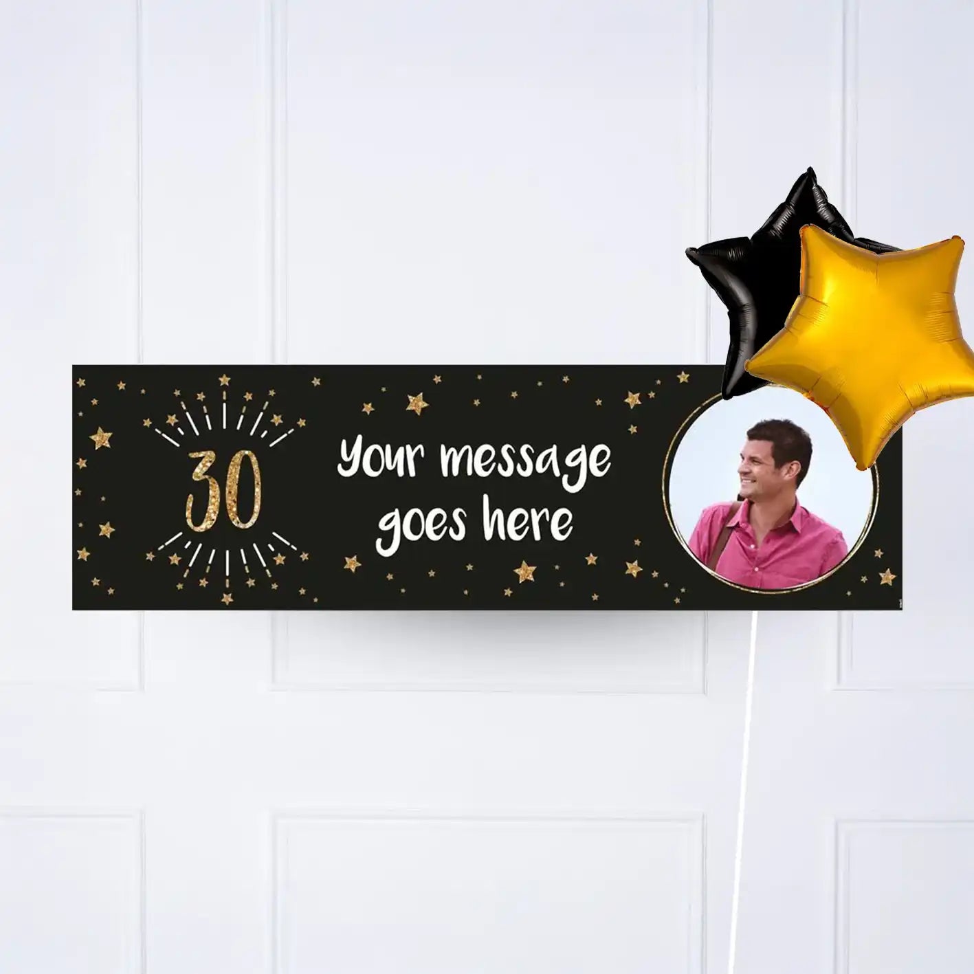 Black & Gold 30th Birthday Personalised Party Banner Yes 2 Balloons Personalised Banner
