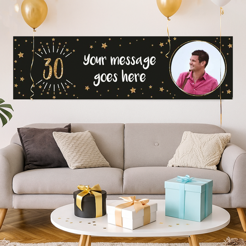 Black & Gold 30th Birthday Personalised Party Banner Personalised Banner