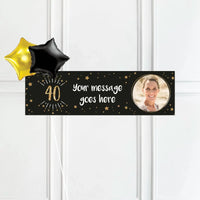 Black & Gold 40th Birthday Personalised Party Banner Yes 2 Balloons Personalised Banner