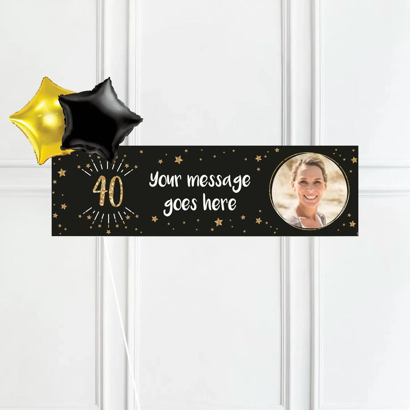 Black & Gold 40th Birthday Personalised Party Banner Yes 2 Balloons Personalised Banner