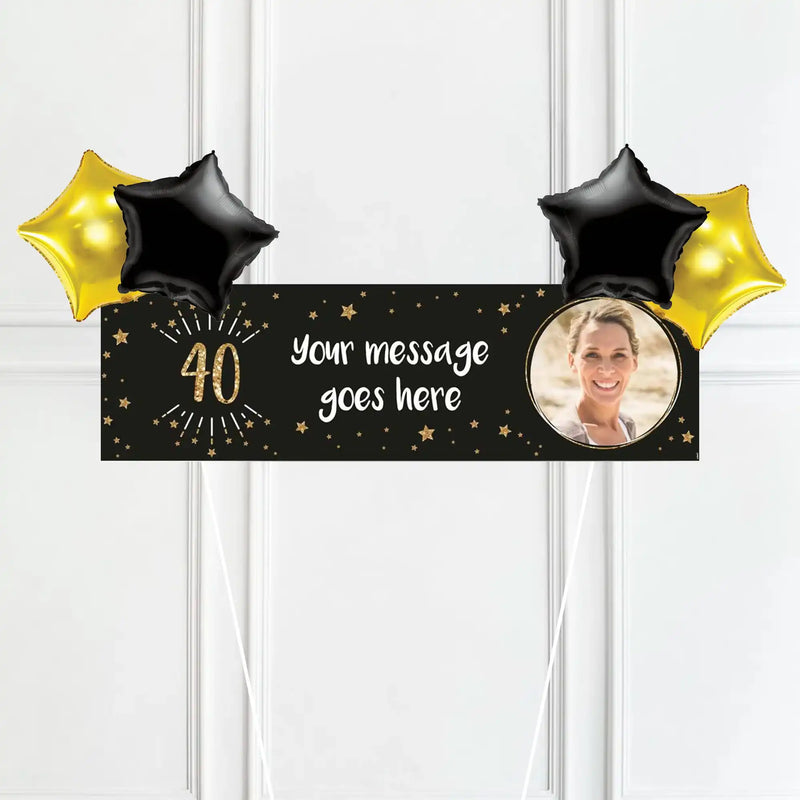 Black & Gold 40th Birthday Personalised Party Banner Yes 4 Balloons Personalised Banner