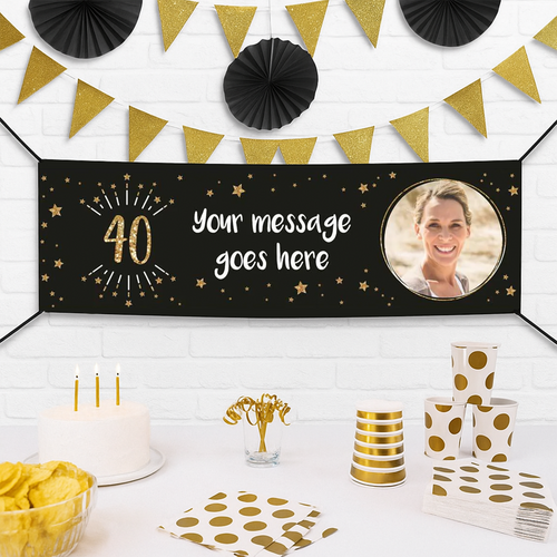 Black & Gold 40th Birthday Personalised Party Banner Personalised Banner
