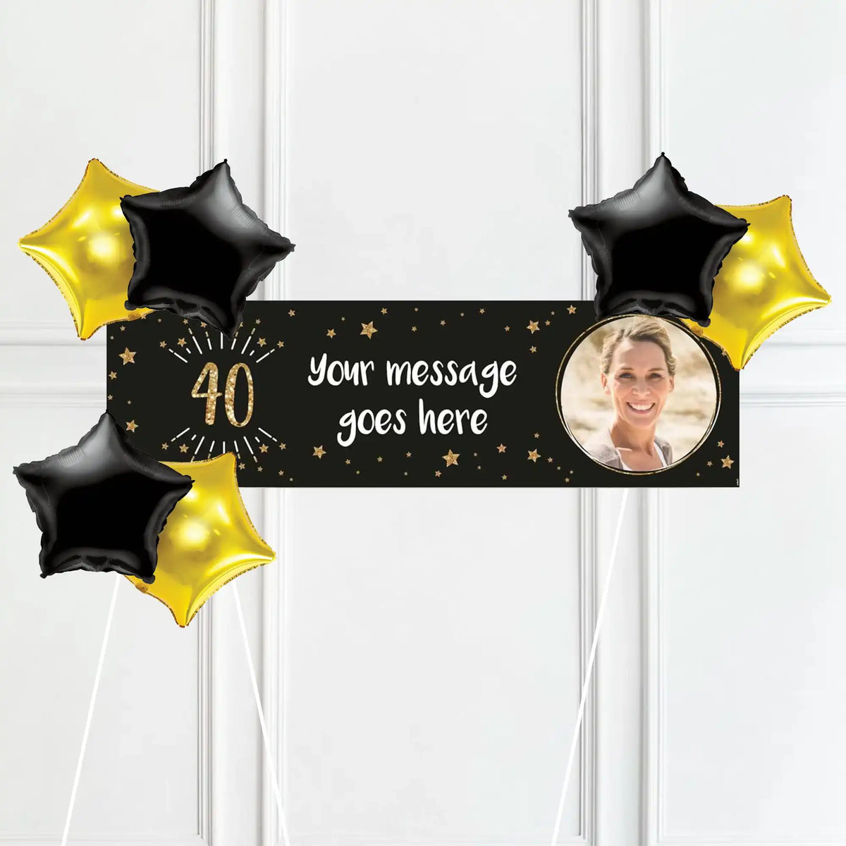 Black & Gold 40th Birthday Personalised Party Banner Yes 6 Balloons Personalised Banner